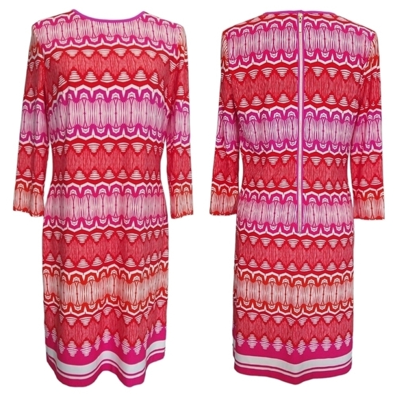Eliza J Red Pink Orange Geometric 3/4 Sleeve Dress Colorful Modern Maximalist - Picture 1 of 9